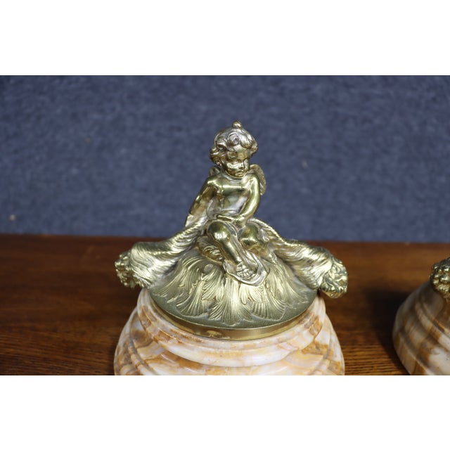 Pair of Italian Marble and Bronze Cherub Lidded Boxes For Sale - Image 4 of 10