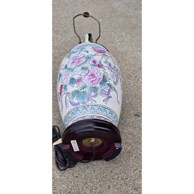 1970s Vintage Chinese Porcelain Floral Table Lamp With Hardwood Base & Pleated Shade For Sale - Image 5 of 12