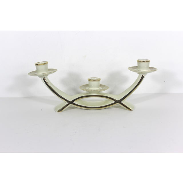 Mid-Century Modern Mid Century Modern Cream and Gold Ceramic Candelabra Three Arm Candleholder Bavaria Gerold Porzellan For Sale - Image 3 of 11