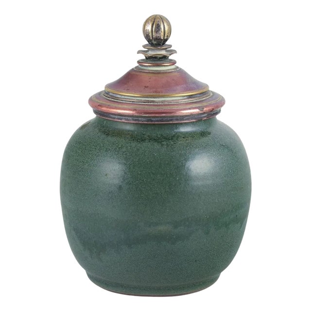 Ceramic Jar Glazed in Green Hues with a Brass and Bronze Lid, 1930s For Sale