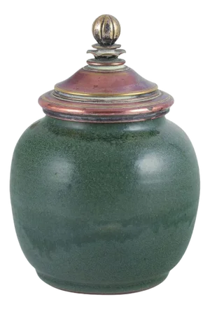 Ceramic Jar Glazed in Green Hues with a Brass and Bronze Lid, 1930s