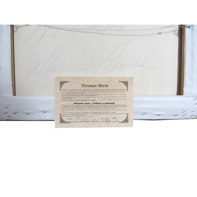 Textile Late 20th Century Doreman Burns Western Lithograph Canvas of Cowgirls Titled "He's Mine" For Sale - Image 7 of 9