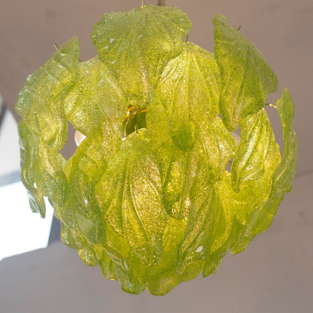 Forest Green Suspension Chandelier in Murano Glass Leaves Green Color, Italy, 1990s For Sale - Image 8 of 13