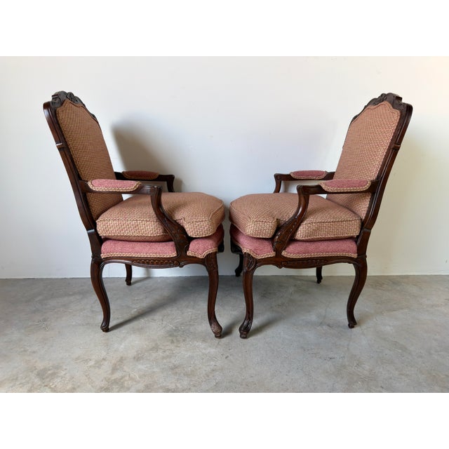 French Provincial Vintage French Provincial Louis XV Style Carved Walnut Armchairs – A Pair For Sale - Image 3 of 11
