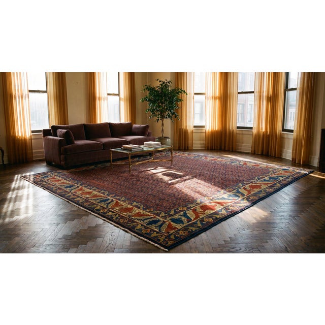 Navy Blue 1890s Blue Navy Floral Antique W. Persian Senneh Rug 11' X 11'3" Handknotted Wool Carpet For Sale - Image 8 of 9
