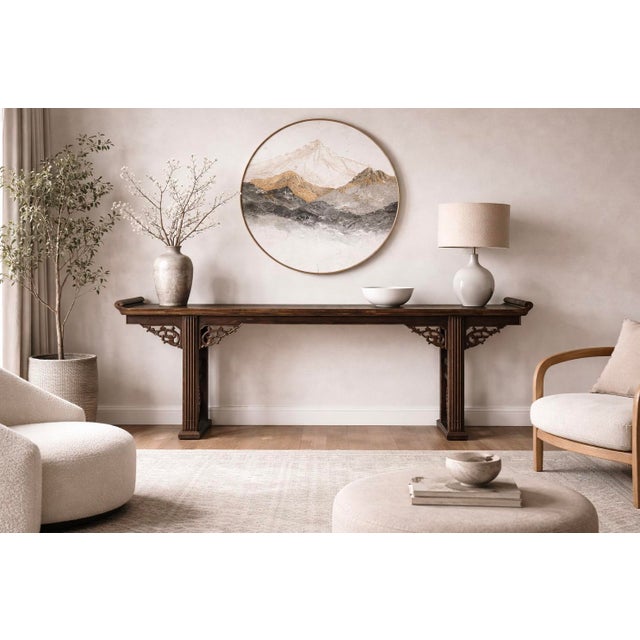 This a late 19th century monumental carved elm wood altar / console table. It has beautiful scrolled ends and recessed...