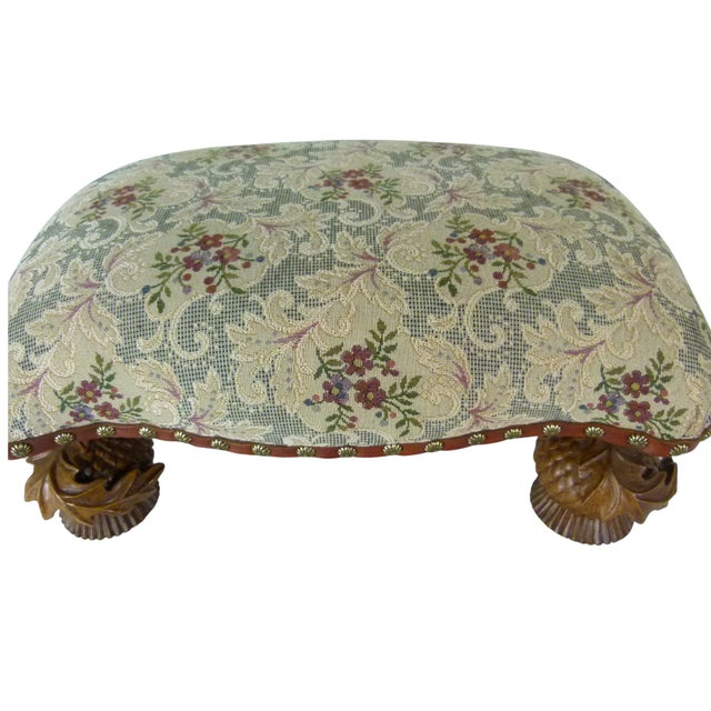 Traditional Vintage 1993 MacKenzie-Childs Aurora Carved Leaf Footstool Tapestry Ottoman Accent For Sale - Image 3 of 17