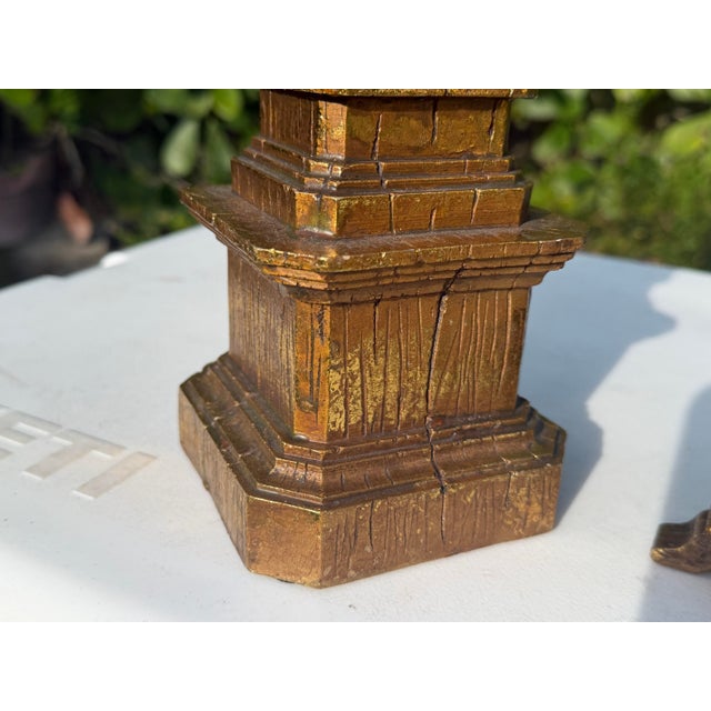 Wood Vintage Brutalist Gilt Faux Bois Sculptural Candleholders, Graduated Pair For Sale - Image 7 of 12