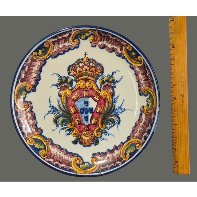 Ceramic Vintage Faience F. Sant 'Anna Portugal Majolica Coat of Arms Wall Hanging Platter For Sale - Image 7 of 13