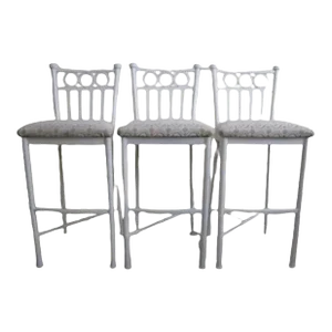 1990s Metal Contemporary Style White Bar Stool Upholstered Seat Set of 3