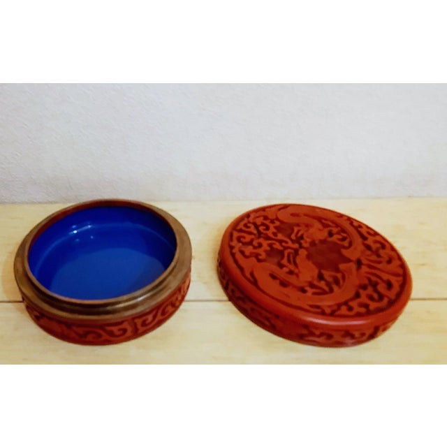 Vintage Chinese Cinnabar Box With Enameled Interior For Sale - Image 11 of 13