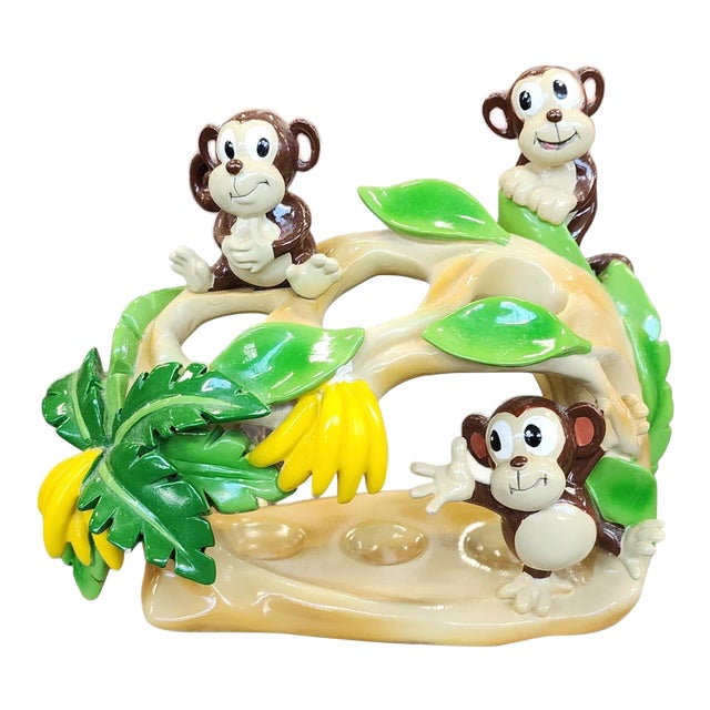 Vintage Child's Ceramic Monkey Themed Bathroom Toothbrush Holder Stand For Sale