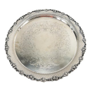 Vintage English Silverplate Serving Tray With Grape Motif For Sale