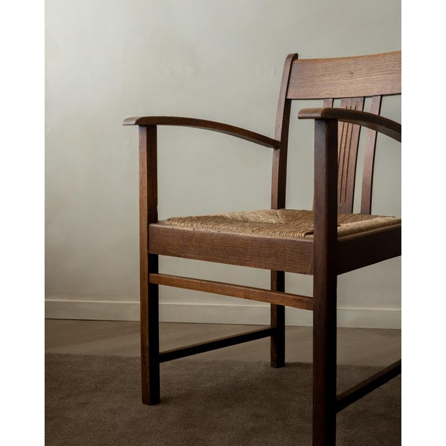 Beige Dutch Art Deco Oak and Rush Armchair, 1920s For Sale - Image 8 of 17