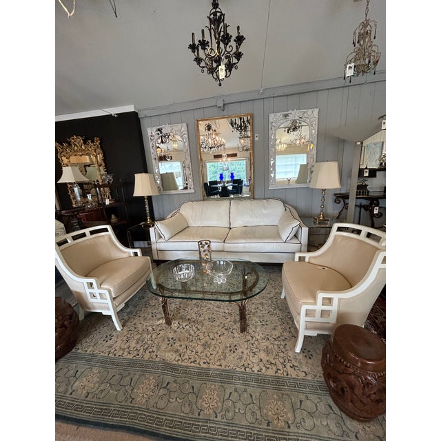 Animal Skin Large Vanguard White Leather & Navy Blue Trimmed Sofa For Sale - Image 7 of 11