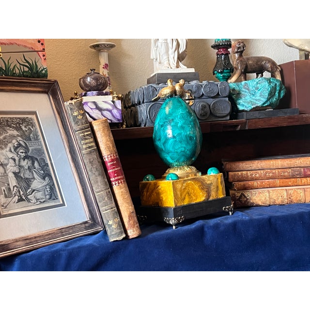 Empire Style Faux Malachite & Sienna Marble Decorative Egg Table Article With Gilt Bronze Doves For Sale - Image 13 of 14