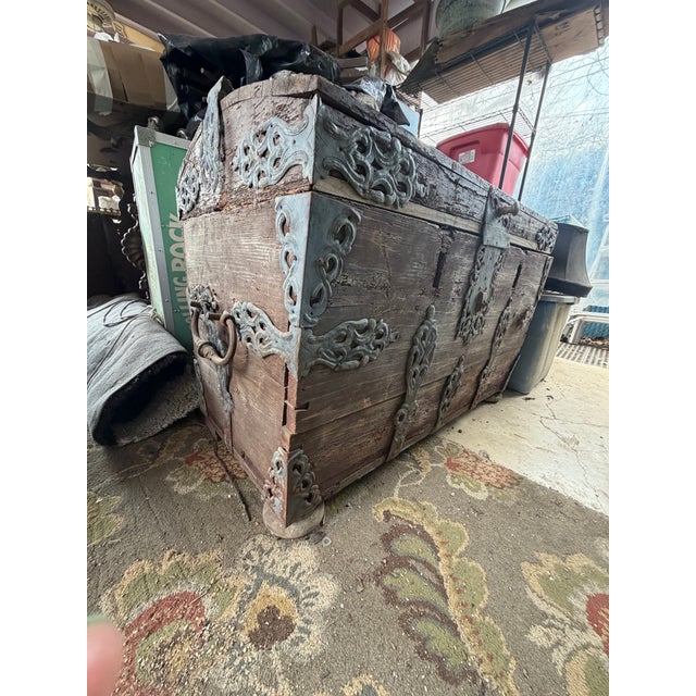 Spanish Antique Wooden Chest With Ornate Iron Fittings For Sale - Image 3 of 12