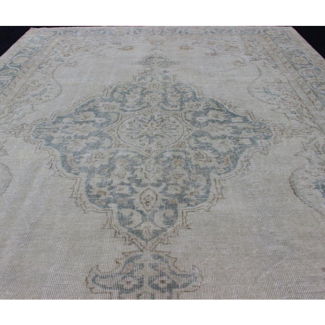 Taupe, cream and blue Oushak rug vintage from Turkey with medallion design of etched motifs, Keivan Woven Arts/rug...