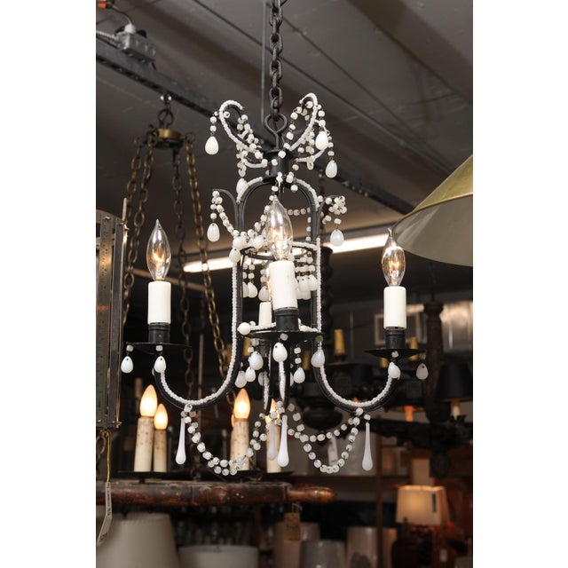 Petite 4-Light Iron & Opaline Glass Beaded Chandelier, 1940s Italy For Sale - Image 9 of 14