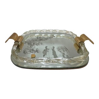 Vintage Murano, Italy Venetian Glass Vanity Tray wArt Deco Bronze Handles For Sale