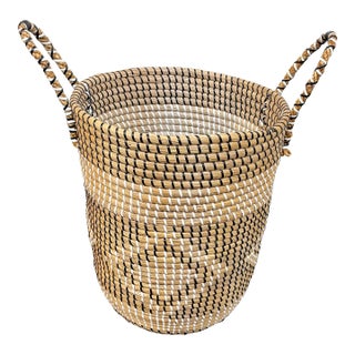 Vintage Coiled Woven Rattan Bamboo Two Handle Basket For Sale