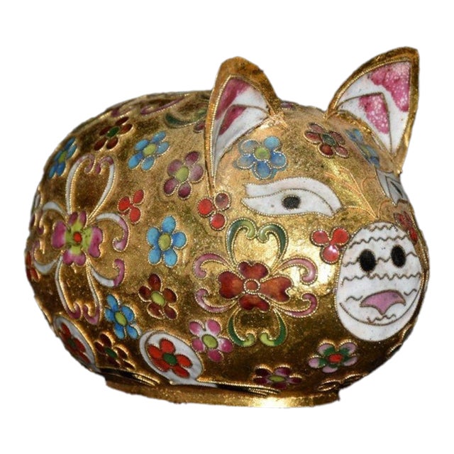 Gilt Cloisonne Pig Figurine, Hand Wire Inlaid Colorful Floral Motif, Chinoiserie Table Decor For Sale