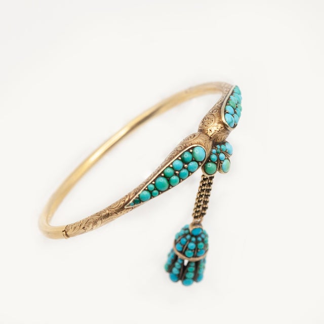 Late 19th Century Late 19th Century Victorian 18k Yellow Gold Turquoise Charm Bangle For Sale - Image 5 of 10