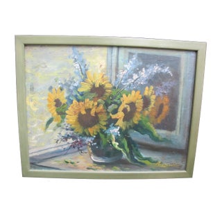 Still Life of Sunflowers in Vase Reflection Framed Signed Unknown Oil Painting For Sale