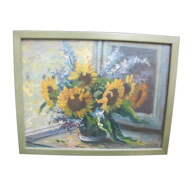 Still Life of Sunflowers in Vase Reflection Framed Signed Unknown Oil Painting For Sale
