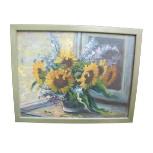 Sunflowers in Vase Refection Still Life Framed Signed Unknown Oil Painting