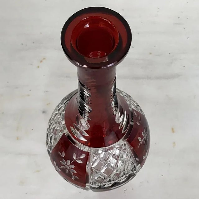 Antique Cranberry Glass Hand-Cut Crystal Decanter For Sale - Image 11 of 13