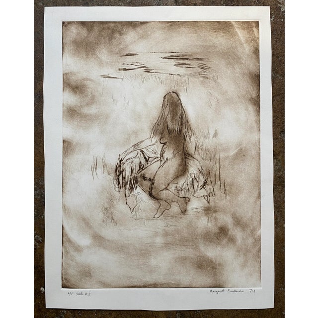 Seated female from rear nude etching in color by Margaret Friedlander. Pencil signed, dated and noted as artist's proof,...
