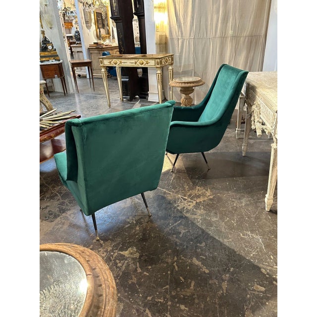 Pair of Italian Green Velvet Mid Century Modern Chairs For Sale In Dallas - Image 6 of 8