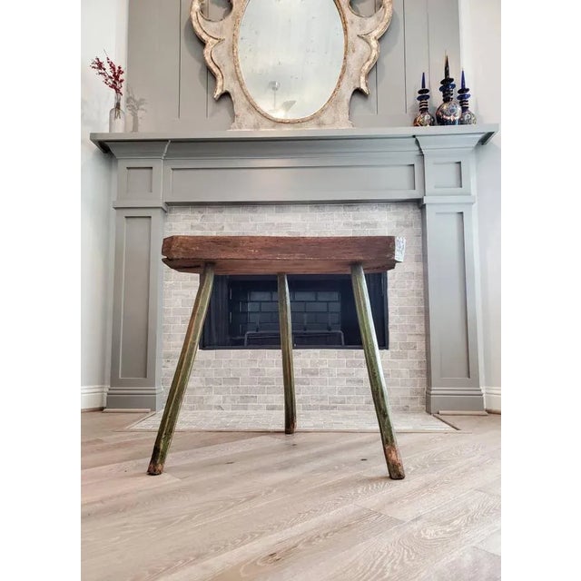Green Primitive 19th Century Rustic European Farmhouse Pig Bench Work Table - Organic Minimalist Console For Sale - Image 8 of 11