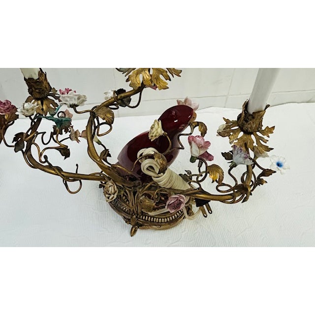 Early 19th Century A Large Pair of Chinoiserie Regency Exotic Opposing Heron Gilt-Bronze-Mounted & Porcelain Parrot Candelabra For Sale - Image 12 of 16