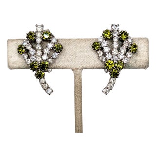 Vintage 1960s Signed Hobe Silvertone Faux-Peridot & Clear Rhinestone Clip Earrings- 2 Pieces For Sale