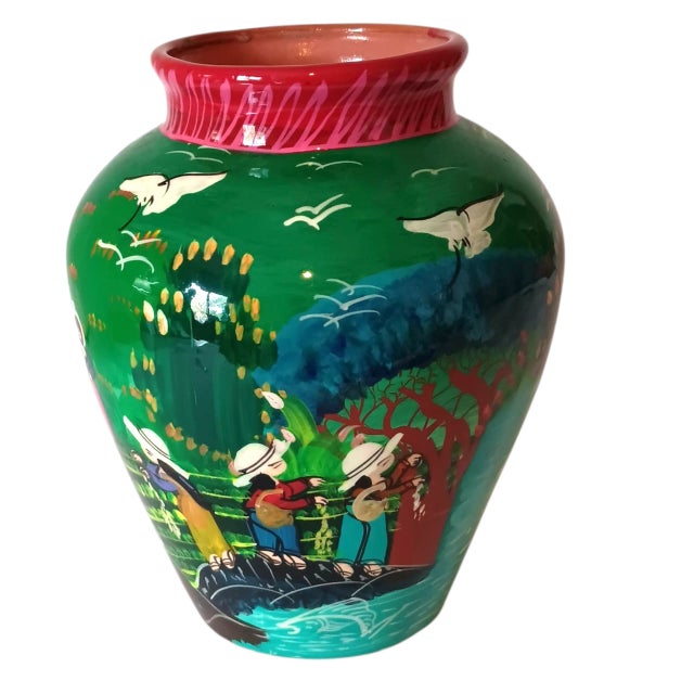 Vintage Mexican Folk Art Vase Handpainted Terracotta Colorful Green Blue Red Glossy 8" X 7" For Sale - Image 4 of 15