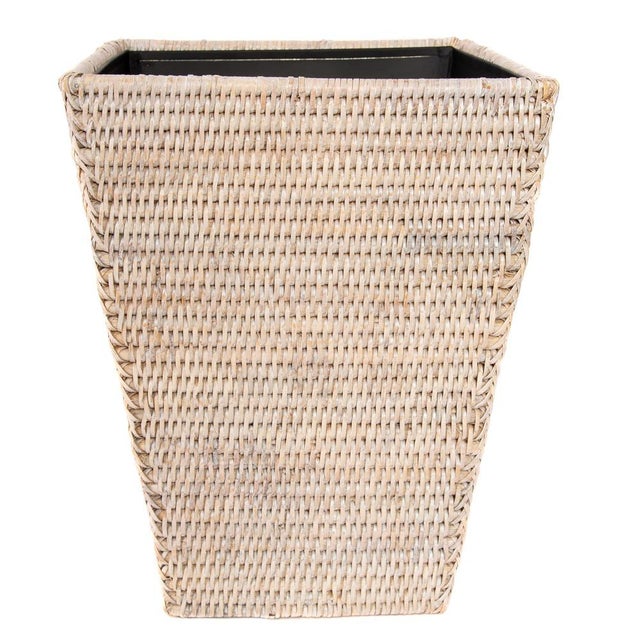 Wood Artifacts Rattan Square Tapered Waste Basket with Metal Liner in White Wash For Sale - Image 7 of 9