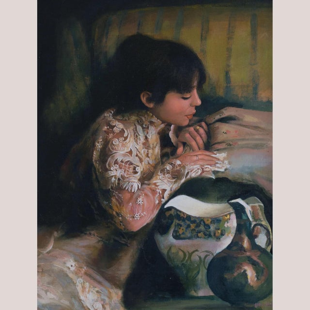 Unknown, Young Woman in a Fine Spanish Lace Embroidered Blouse, 1970s, Oil on Canvas For Sale - Image 9 of 9