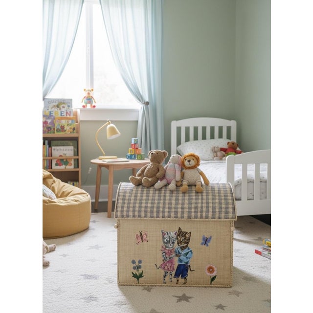 Cream Whimsical Hand-Painted Woven Straw Toy Trunk For Sale - Image 8 of 8