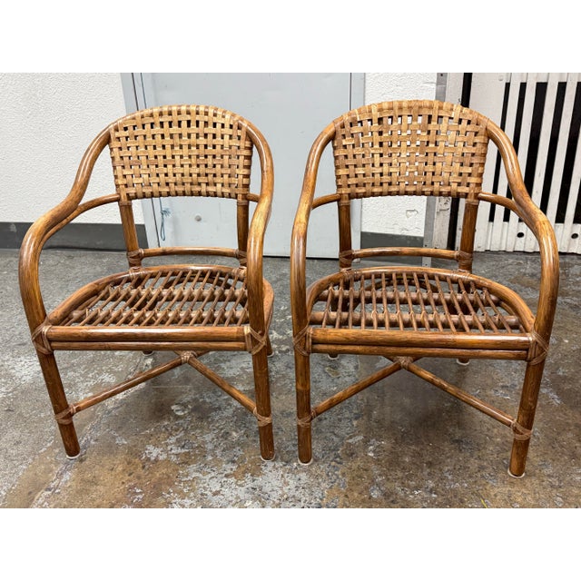 Late 20th Century McGuire Barrel Back Arm Chairs + Table , Set For Sale - Image 11 of 12