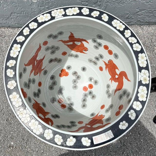 Ceramic Vintage Chinese Hand Painted Floor Vases/Fish Bowls on Wooden Stands - A Pair For Sale - Image 7 of 9