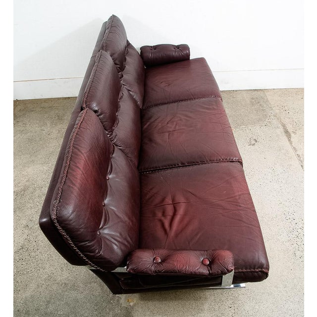 1960s Mid Century Danish Modern Sofa Couch Burgundy Chrome Leather Attributed to Arne Norell 3 Seat For Sale In Sacramento - Image 6 of 11