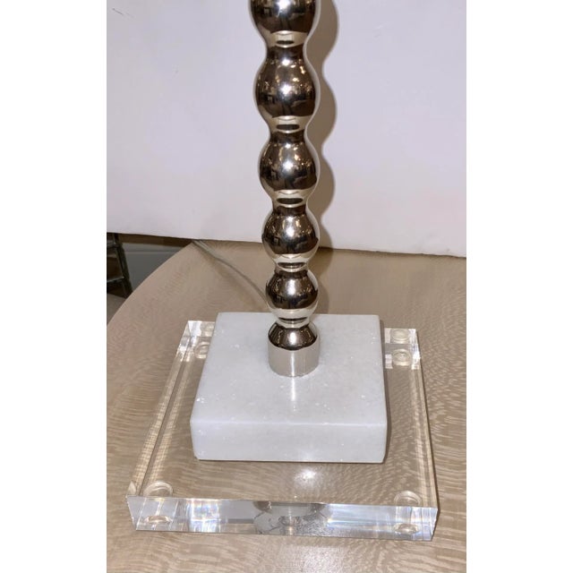 Stylish Modern Nickel Celeste Buffet Lamp, white handkerchief linen shade, white stone and acrylic base, showroom floor...