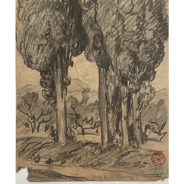 Early 1900's Antique French Charcoal Drawing of Cypress on Paper With Mat, Signed by French Artist Maurice De Lambert For Sale - Image 4 of 5