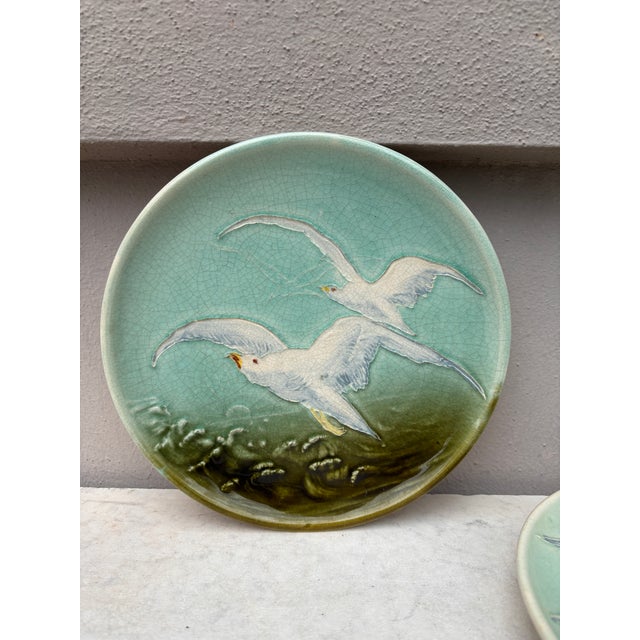 Rare Pair of 19th Century French Majolica Seagulls Plates.