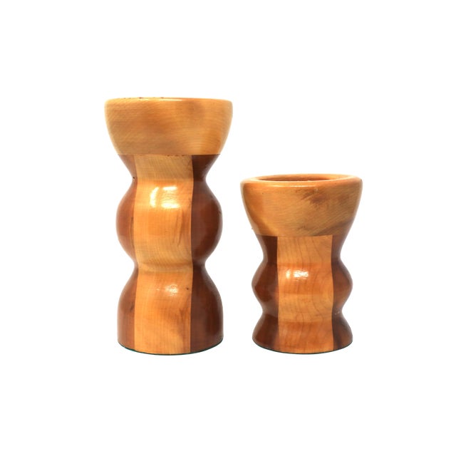 Vintage Mid Century Handmade Wooden Candle Holders - a Set For Sale