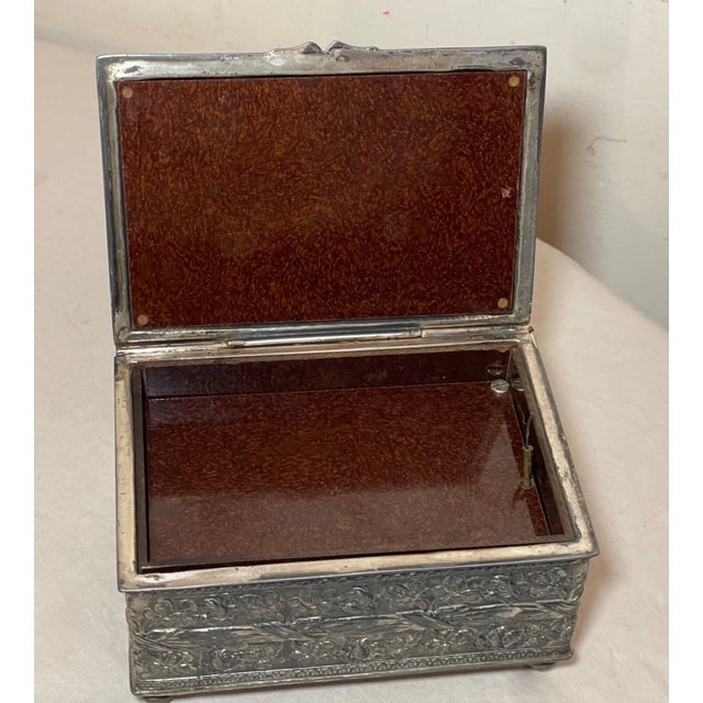 Victorian Antique 19th Century Footed Ornate Silverplate Wood Swiss Cylindrical Music Box For Sale - Image 3 of 12