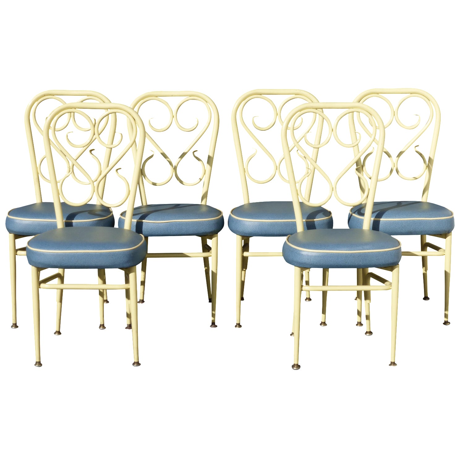 Set Of Six Mid Century Modern Yellow Blue Metal Bistro Chairs