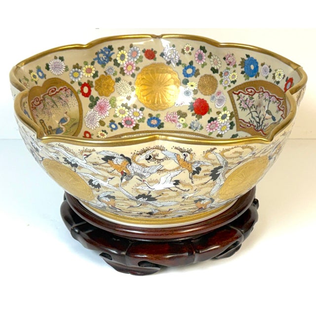 Exceptional Monumental Meiji Period Kyoto Satsuma Bowl with Original Carved Hardwood Stand, Attributed to the Kinkozan...